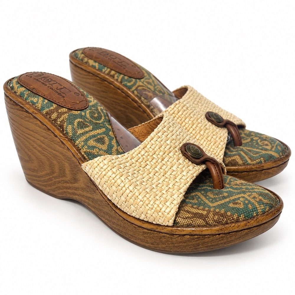 Born Womens Wedge Sandals Raffia Woven Thong Slide Paisley Green Brown MOA 6